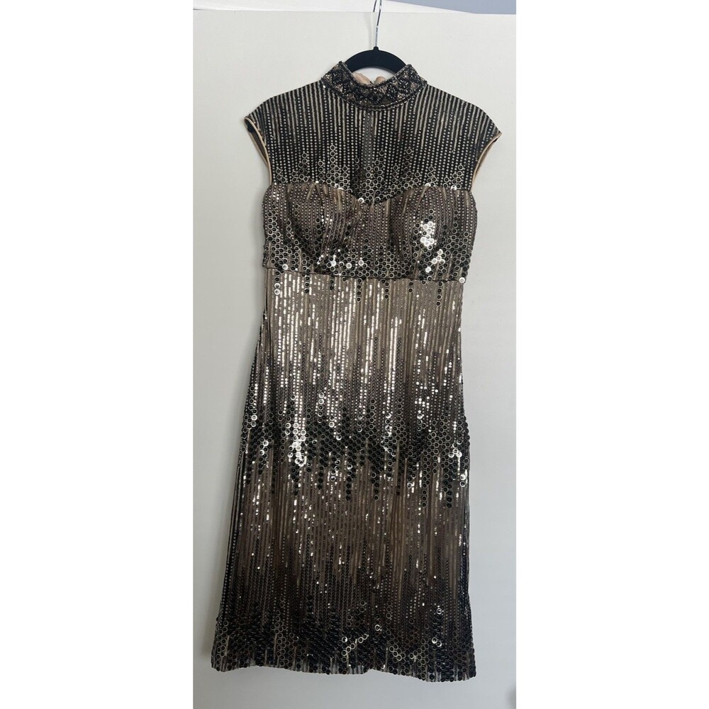 Sue Wong Nocturne Sequin Beaded Dress Women's 2 Art Deco Cocktail Black Gold Y2K